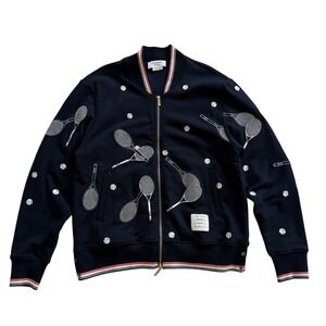 Thom Browne Navy Tennis Racket & Ball Print Bomber Jacket Mens L Made in Japan